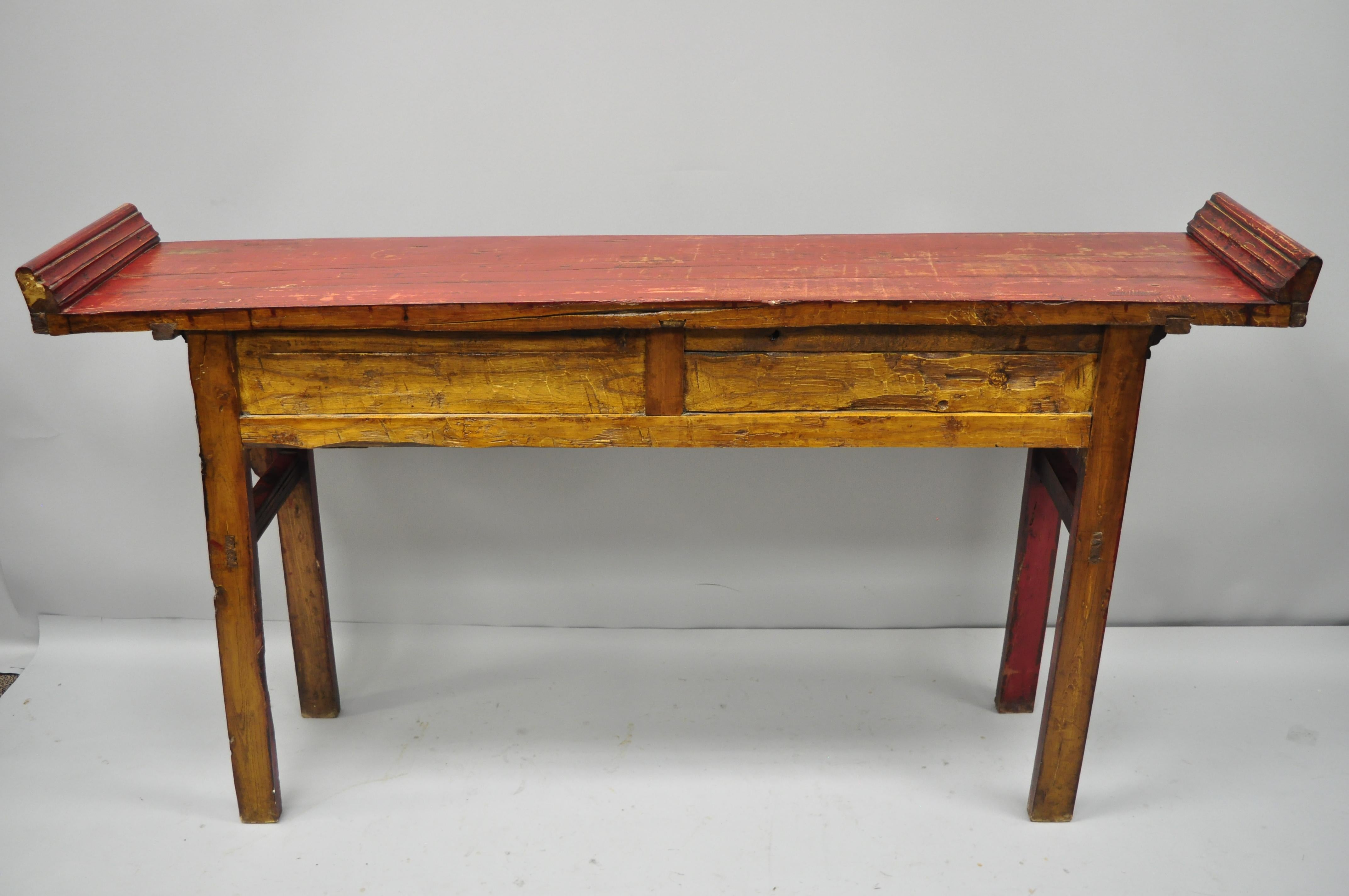 Red and Green Distress Painted Altar Console Mongolian Table Sideboard In Good Condition In Philadelphia, PA