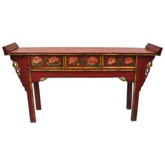 Red and Green Distress Painted Altar Console Mongolian Table Sideboard