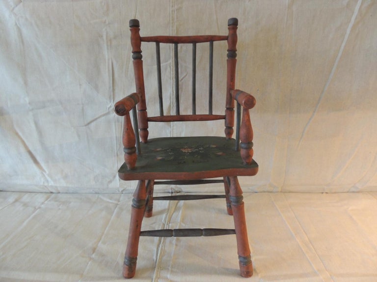 American Red and Green Folk Art Painted Wood Child Armchair For Sale