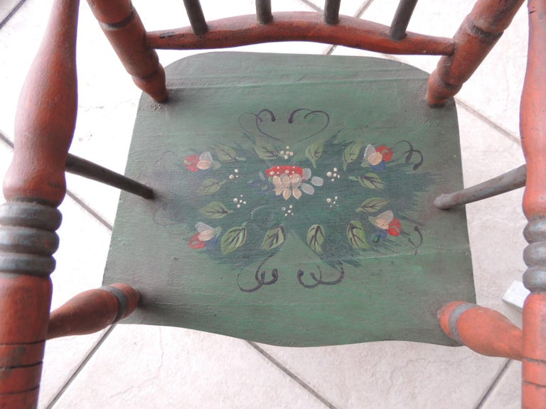 Red and Green Folk Art Painted Wood Child Armchair For Sale 2