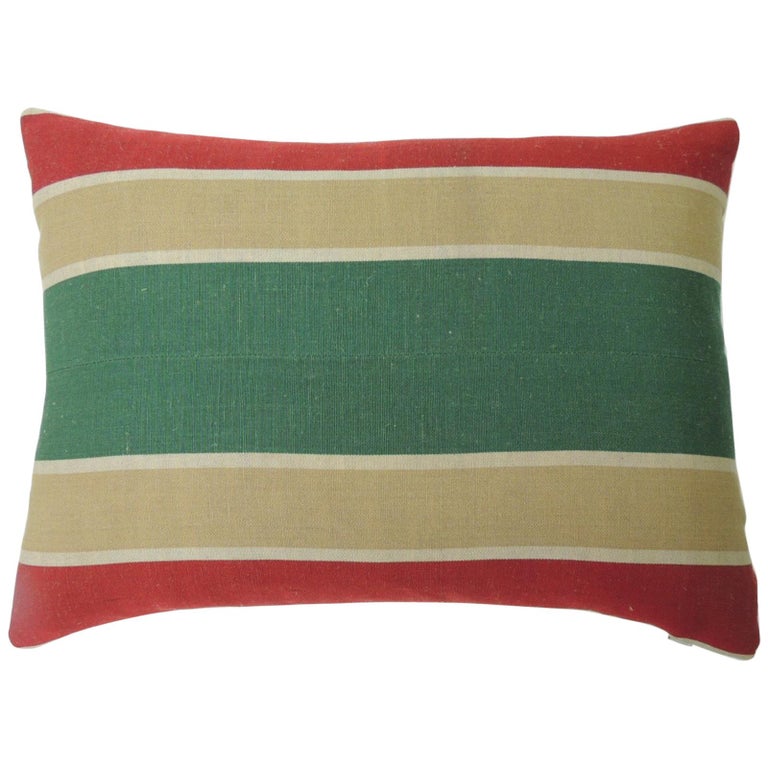 Red and Green "Holiday" Stripes Decorative Bolster Pillow For Sale at