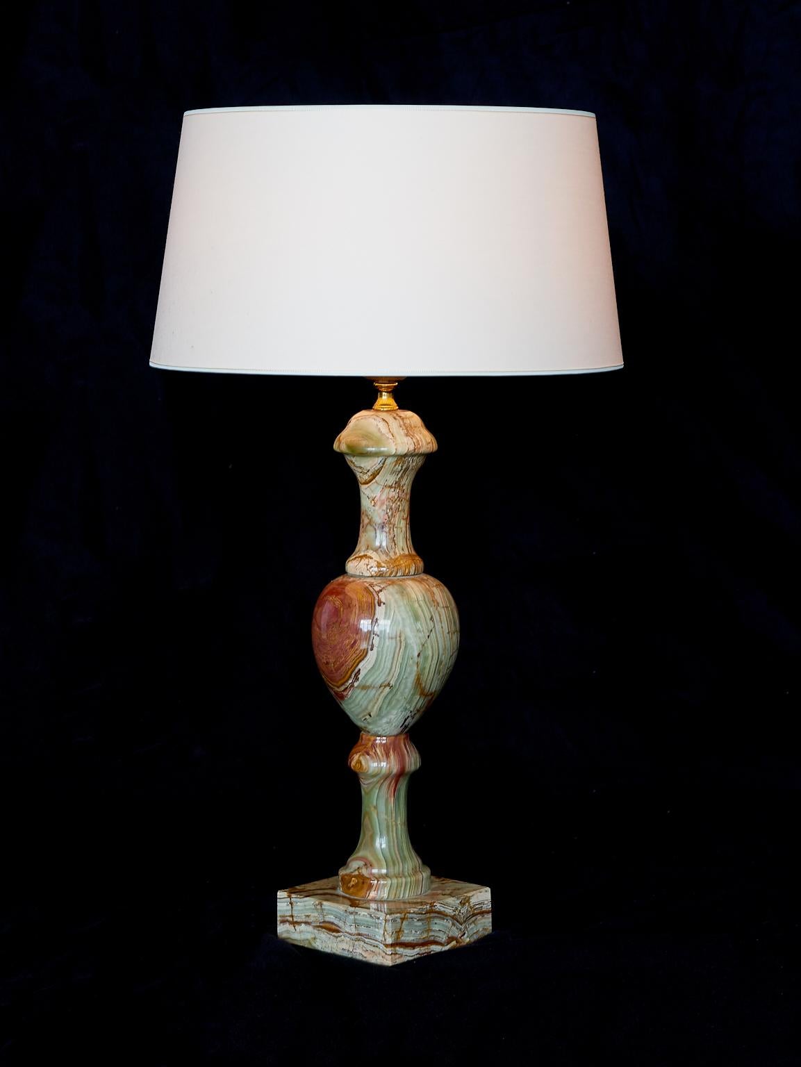 Mid-Century Modern Red and Green Onyx Table Lamp with Ivory Shade, Italy, 1970s