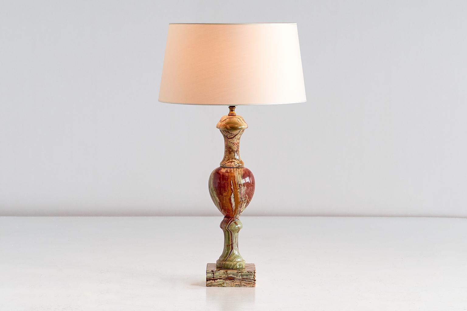Italian Red and Green Onyx Table Lamp with Ivory Shade, Italy, 1970s