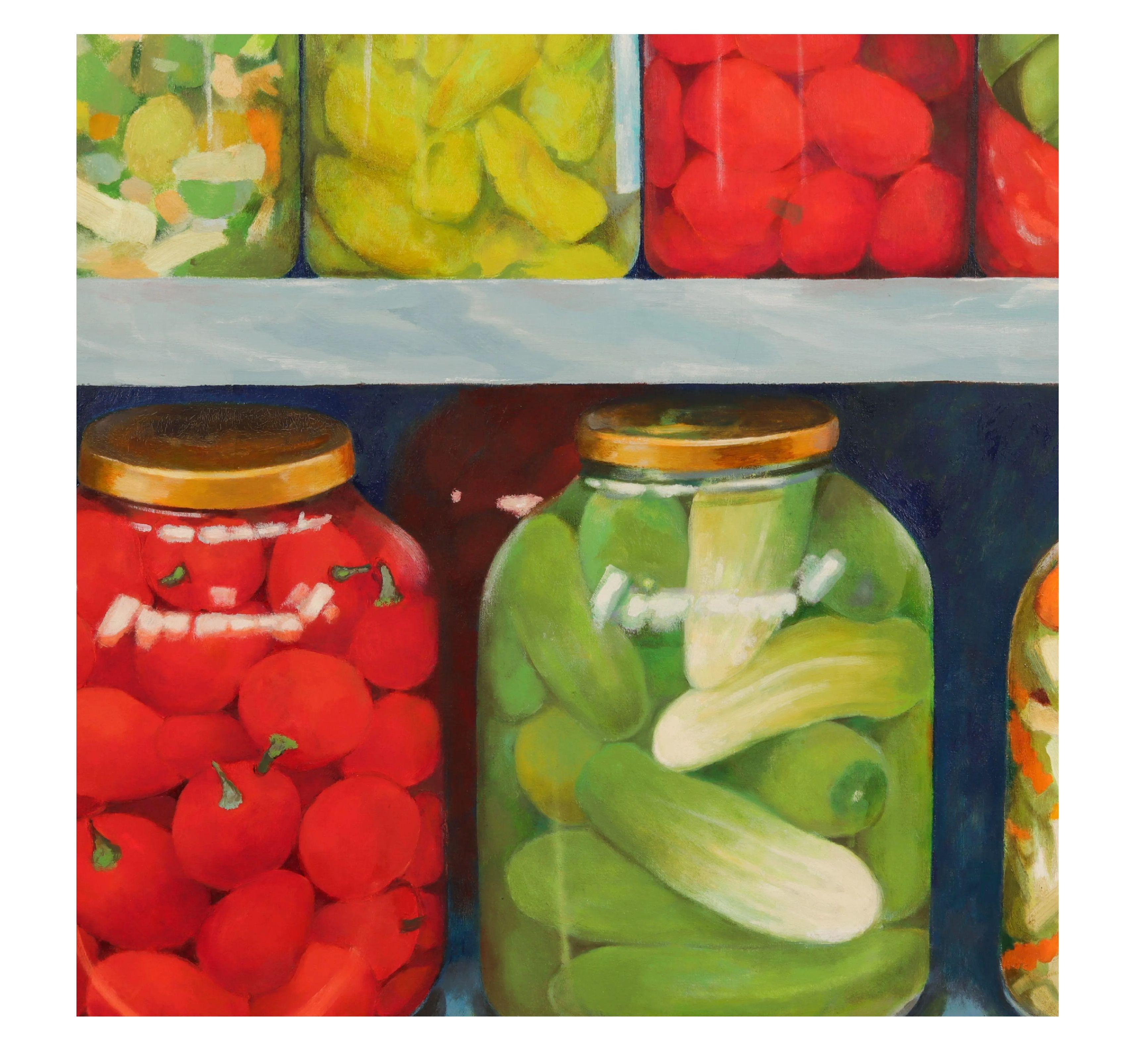 Red and green ‘Pickled’ still life by Irma Cavat, 1983, oil on canvas painting, signed Cavat lower right.
Provenance: 
Private Collection, New York.
Kennedy Galleries, 730 5th Avenue, NY, NY

Literature: Deak, Gloria-Gilda, ‘Irma Cavat, Recent