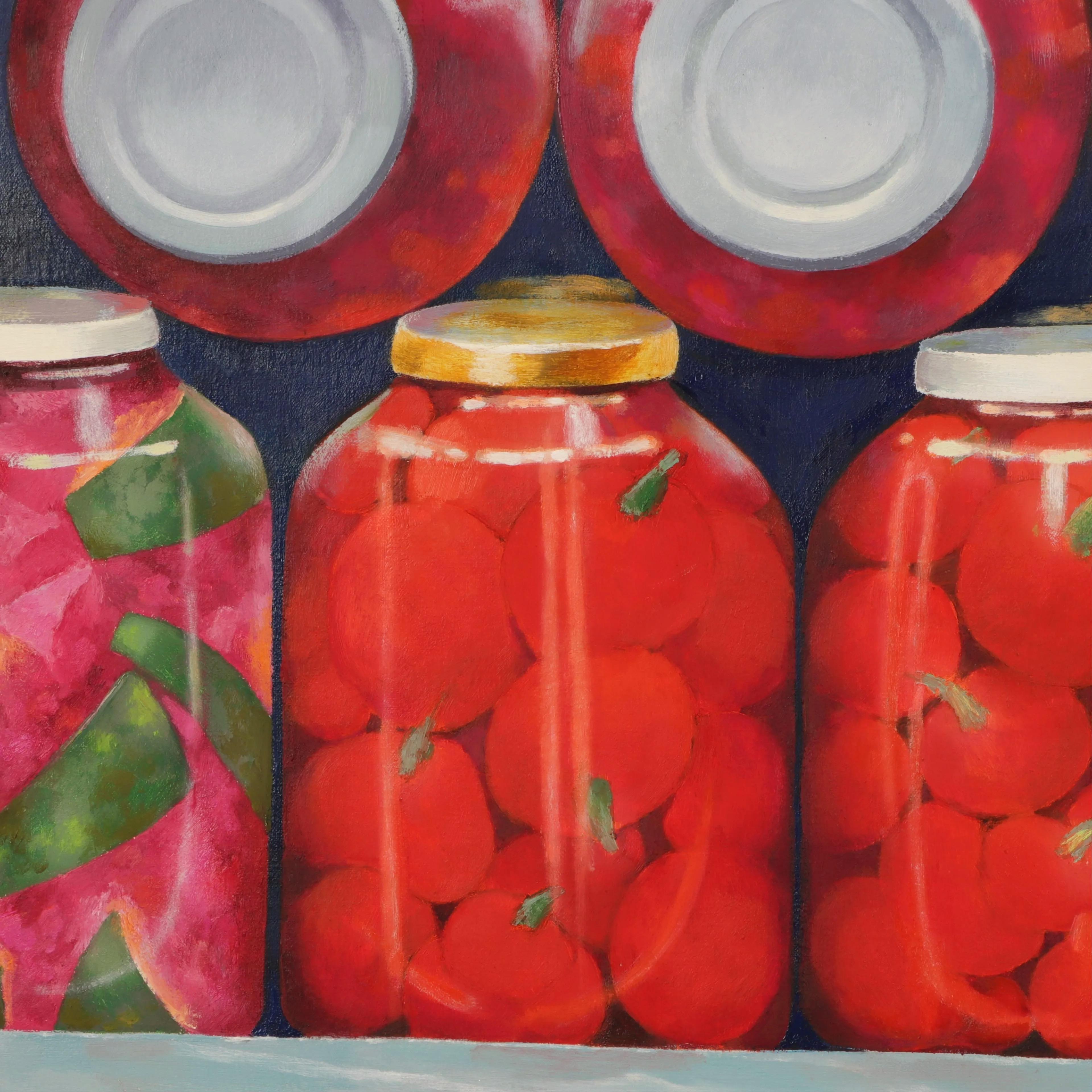 American Red and Green ‘Pickled’ Still Life by Irma Cavat, 1983, Oil on Canvas Painting