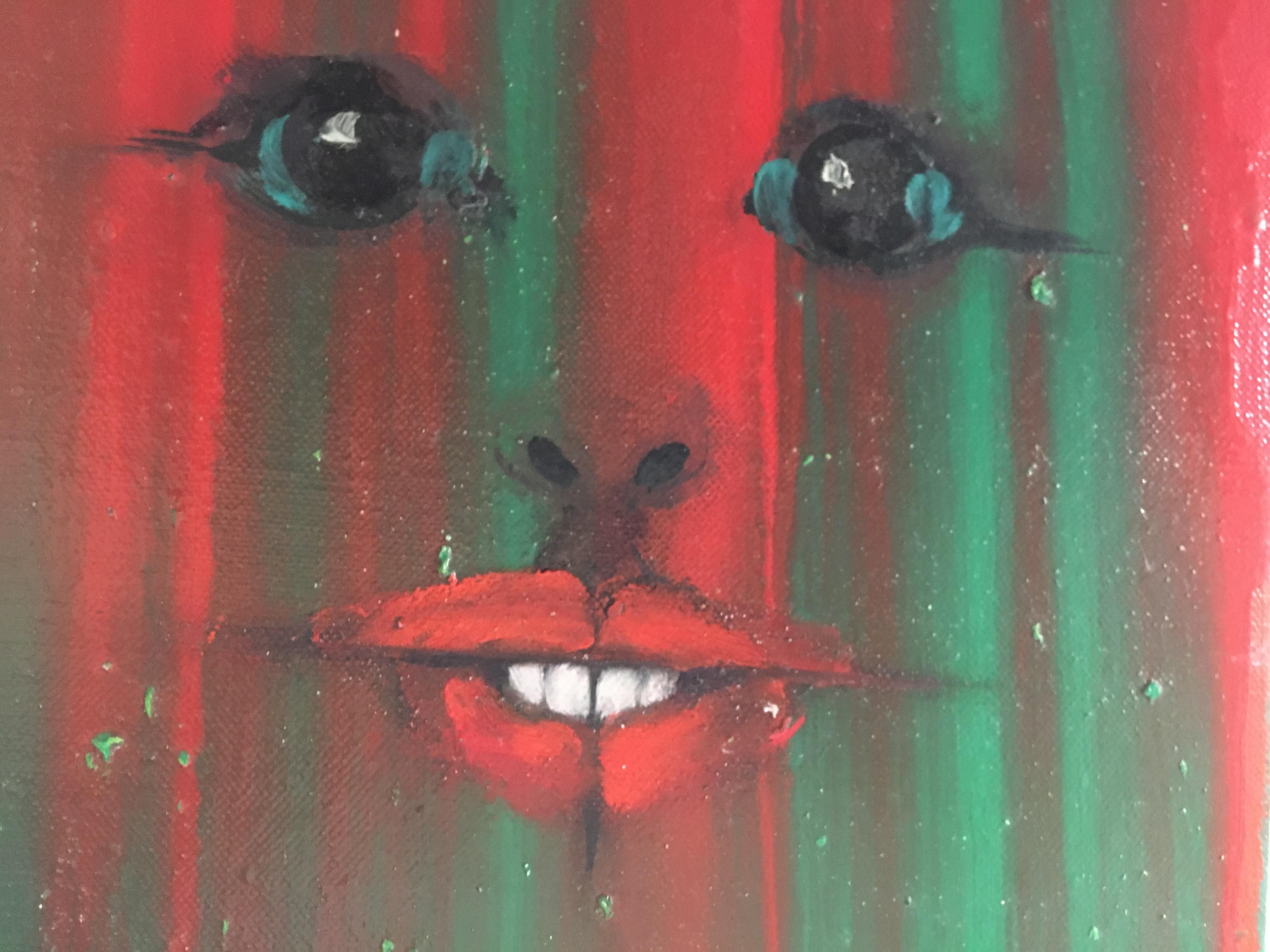 A petite, ultra-vibrant red and green painting of a mousy, wide-eyed face against a sweeping backdrop of color. Signed Radoczy, January 1965.
Very different from his usual work.

Albert Radoczy was a painter from the NY Tristate area, most