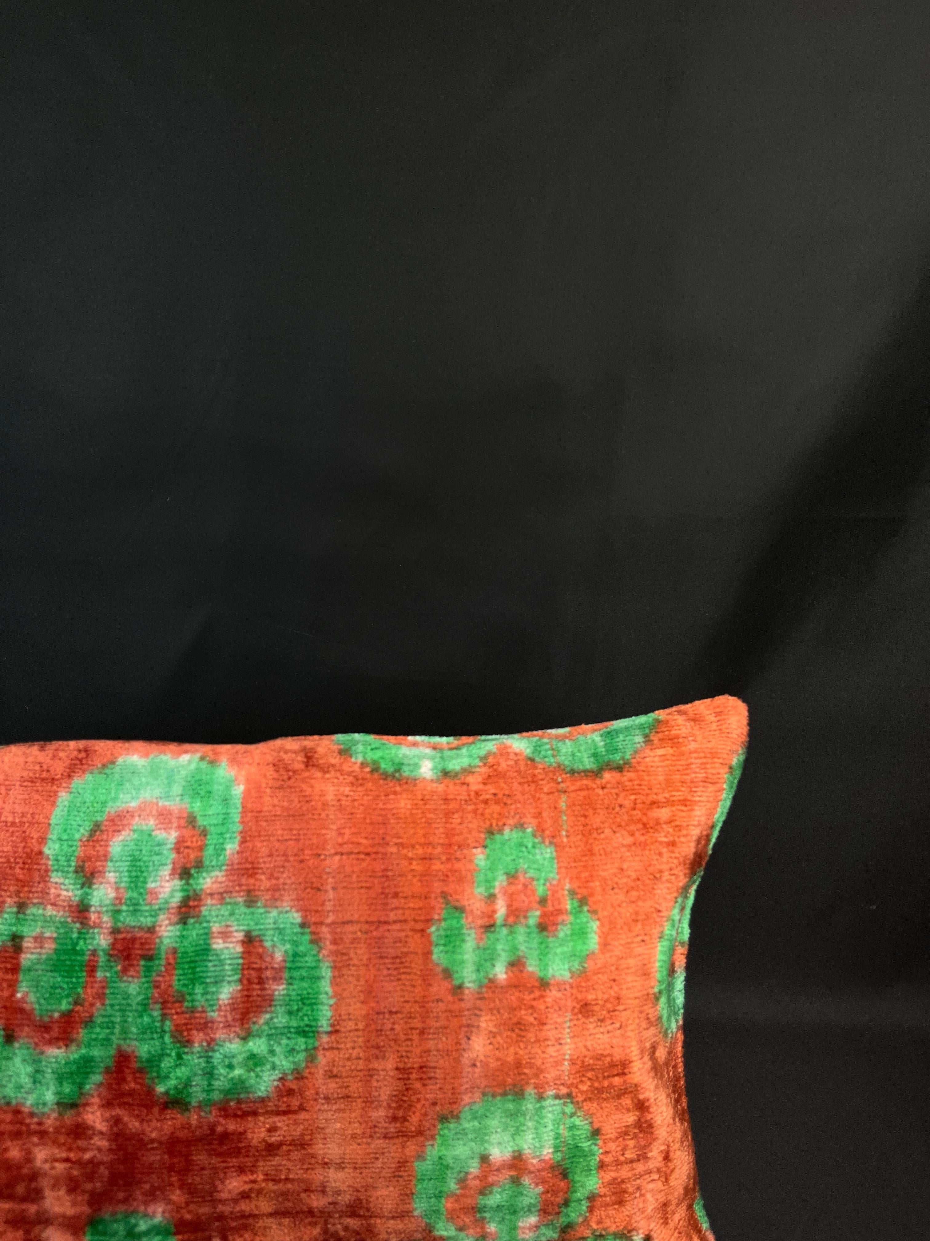 Modern Red and Green Small Velvet Silk Ikat Pillow Cover
