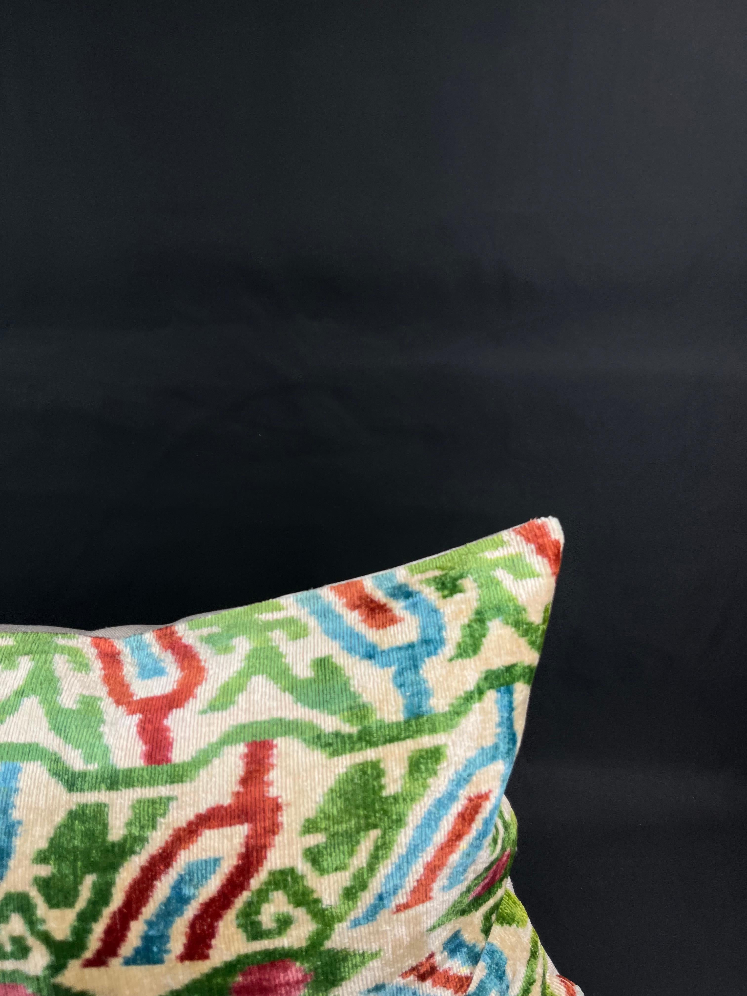 Modern Red and Green Velvet Silk Ikat Pillow Cover For Sale