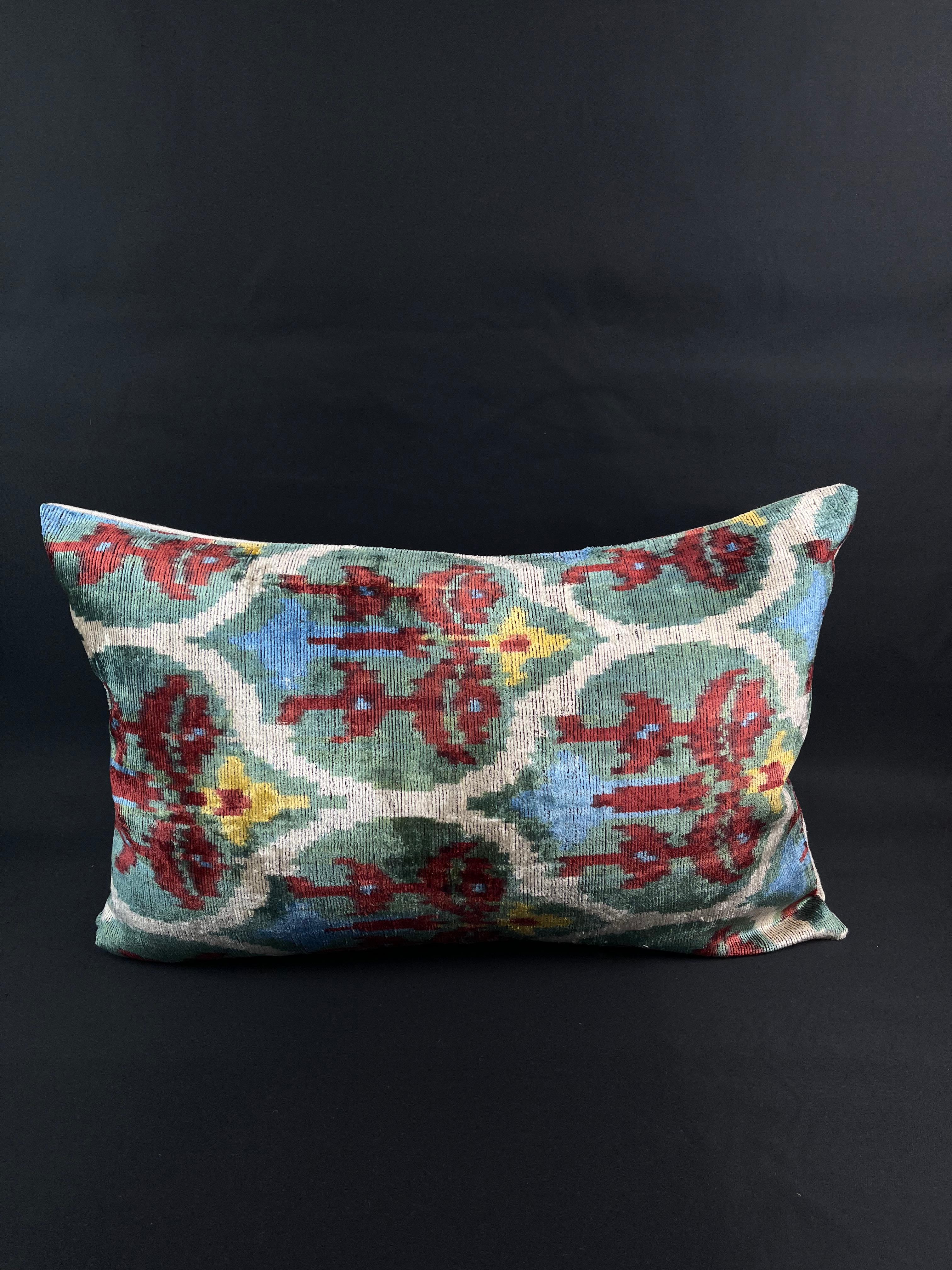 Red and Green Velvet Silk Ikat Pillow Cover In New Condition In Houston, TX