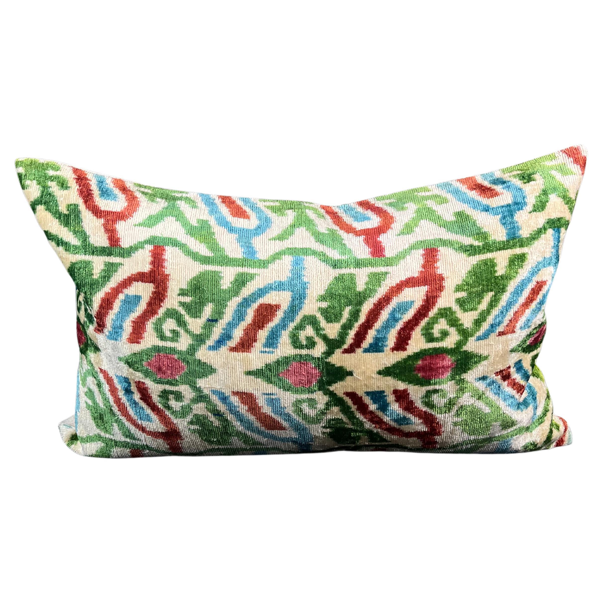 Red and Green Velvet Silk Ikat Pillow Cover For Sale