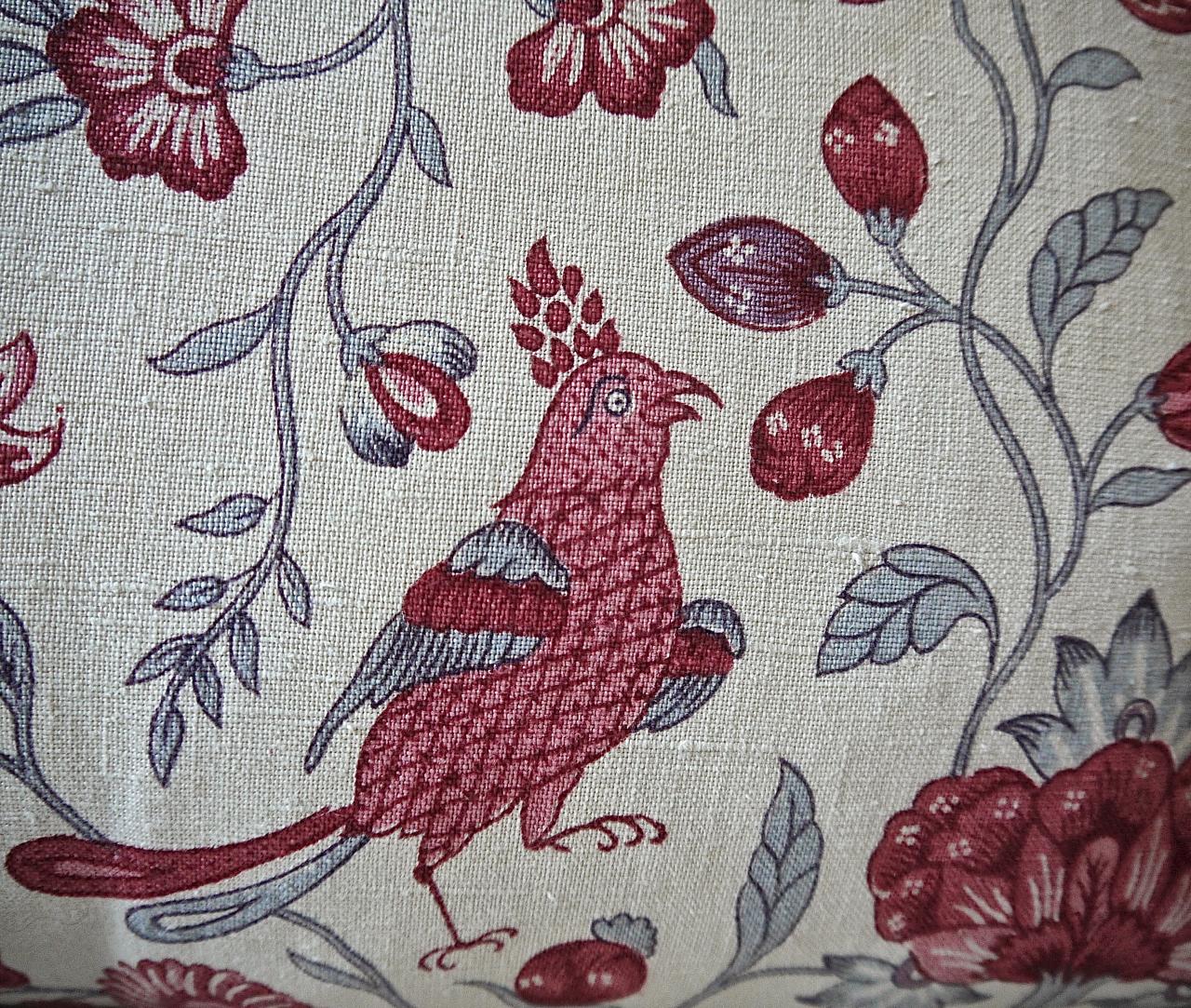 French Provincial  Red and Grey Birds and Flowers Linen Pillow French