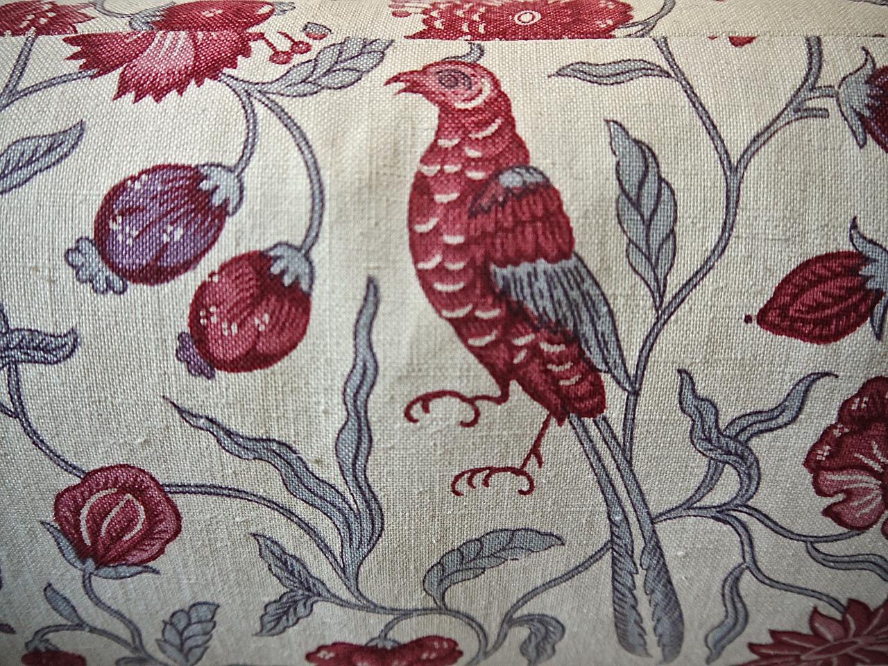  Red and Grey Birds and Flowers Linen Pillow French 1