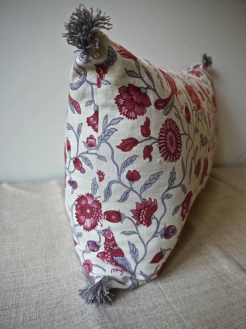 Red and Grey Birds and Flowers Linen Pillow French 2