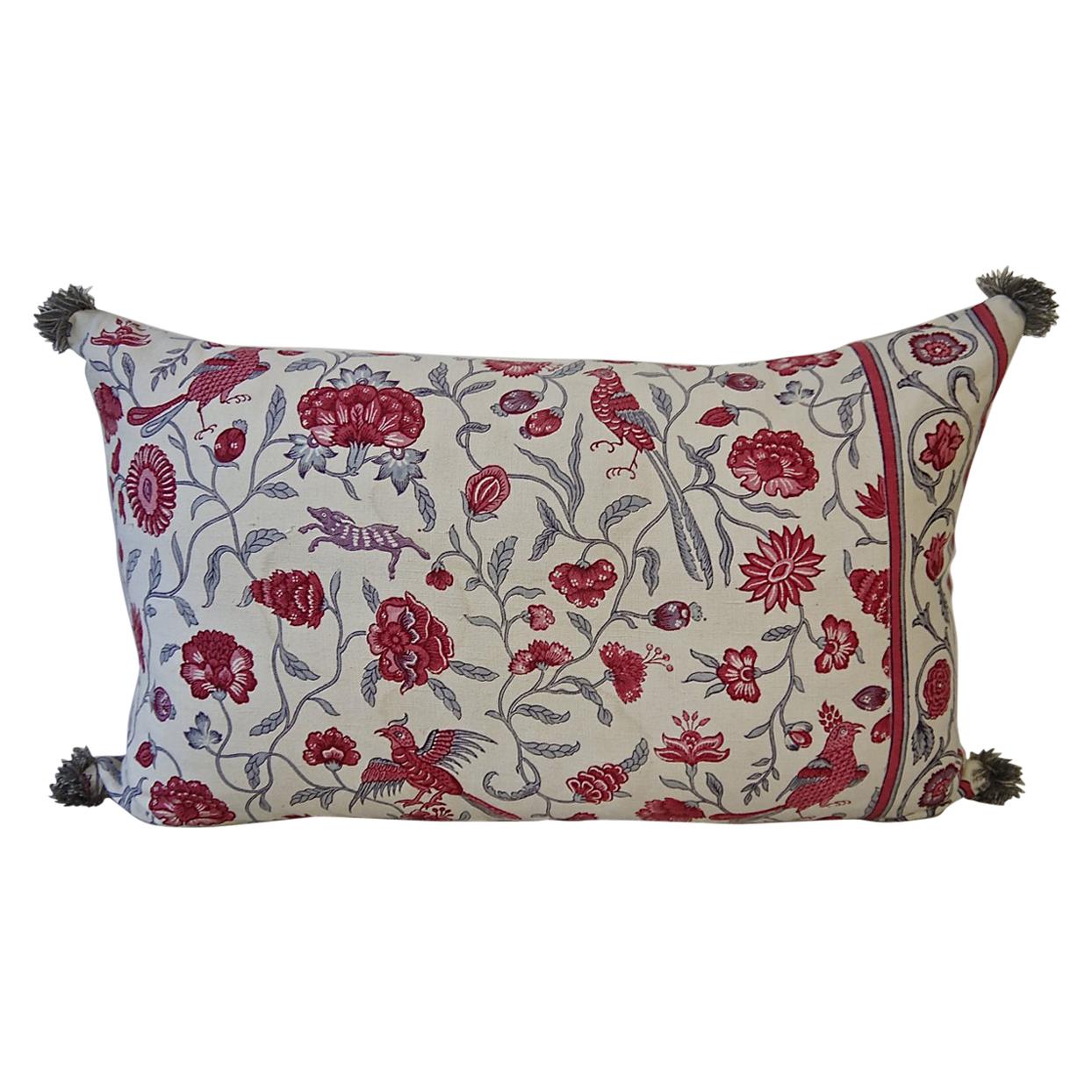  Red and Grey Birds and Flowers Linen Pillow French