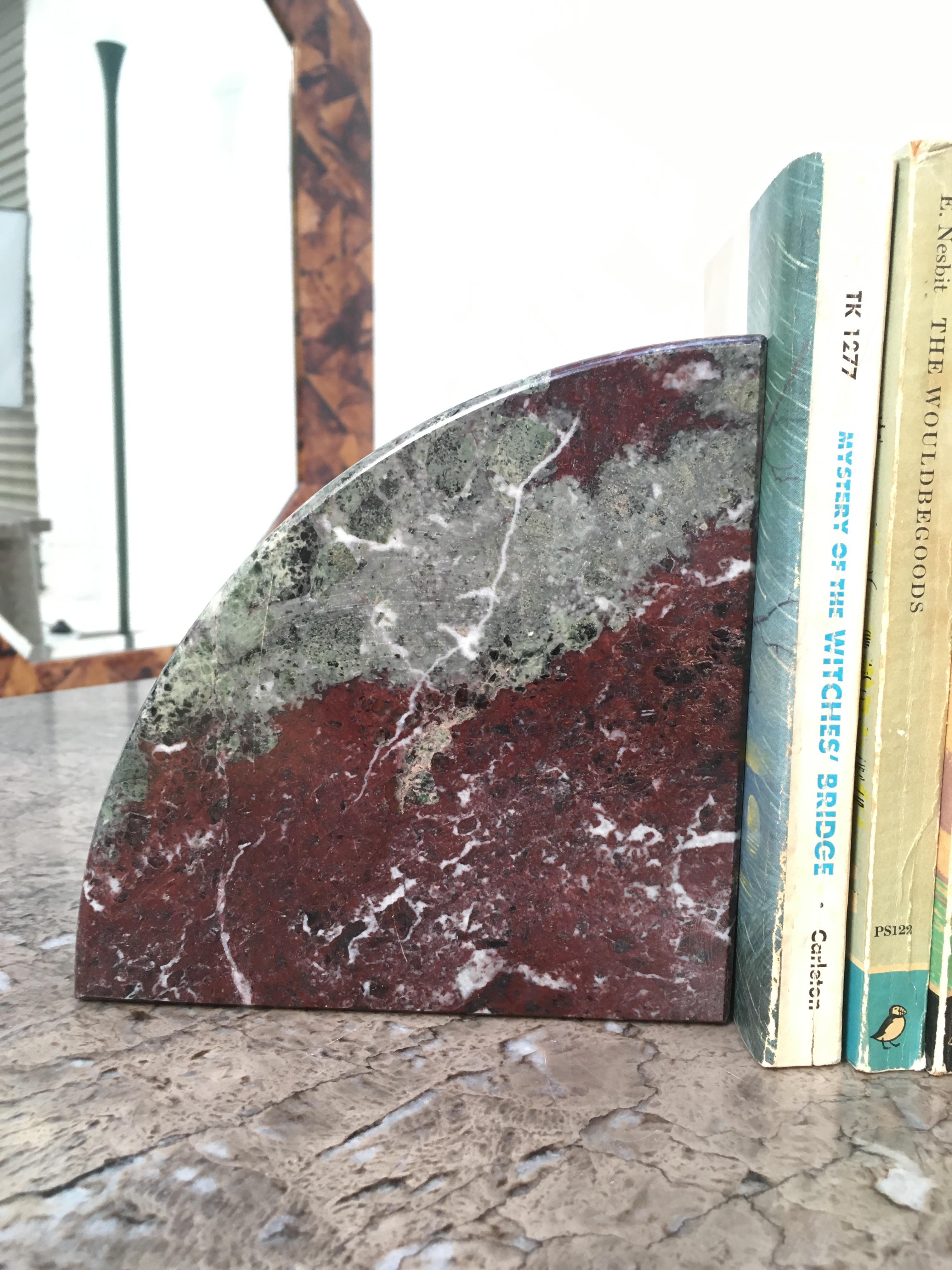 Unknown Red and Grey-Green Marble Bookends 1990s Postmodern Memphis