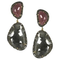 Red and Grey Sapphire and Real Diamond Double Teardrop Earrings
