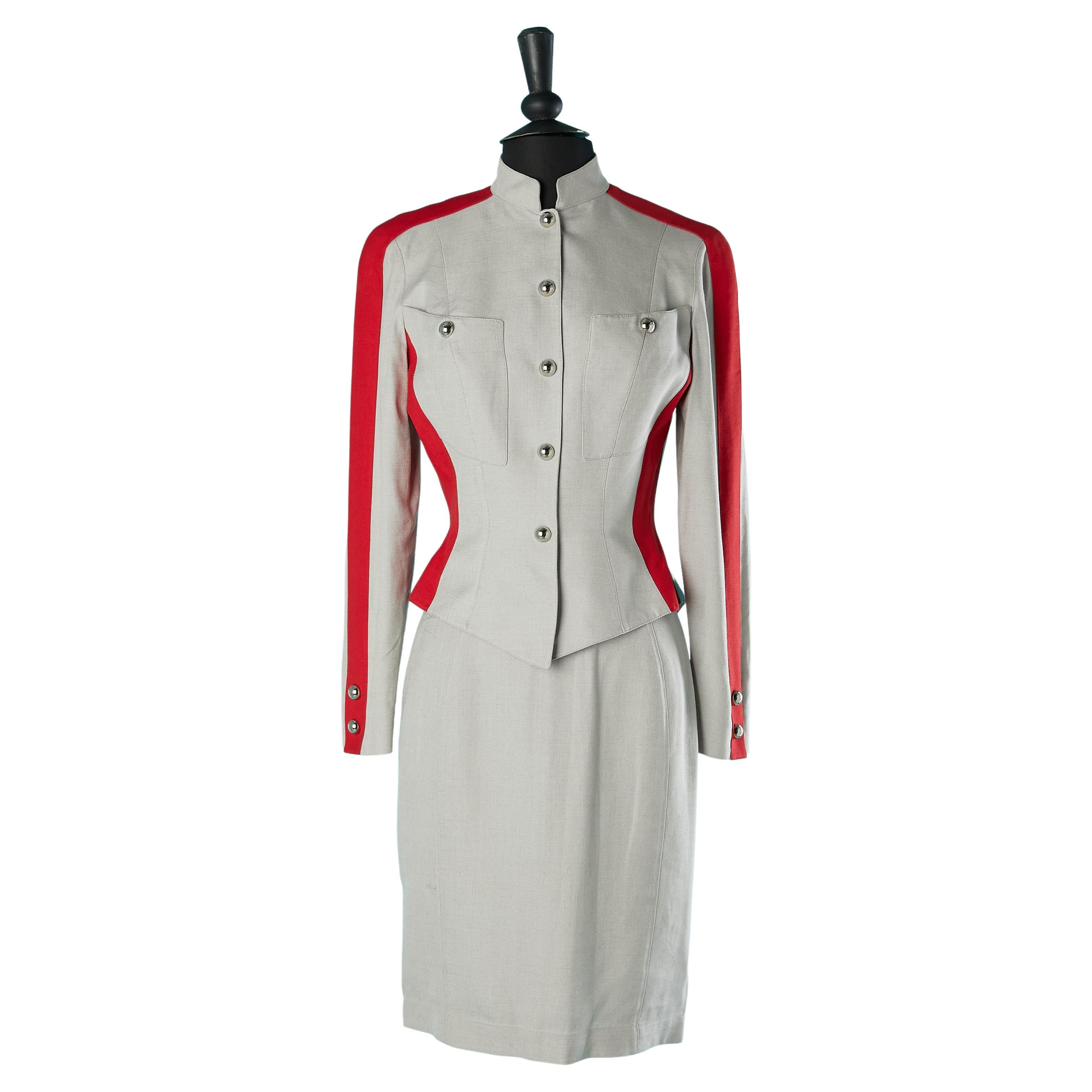 Red and grey skirt-suit officer's style Thierry  Mugler Circa 1980's  For Sale
