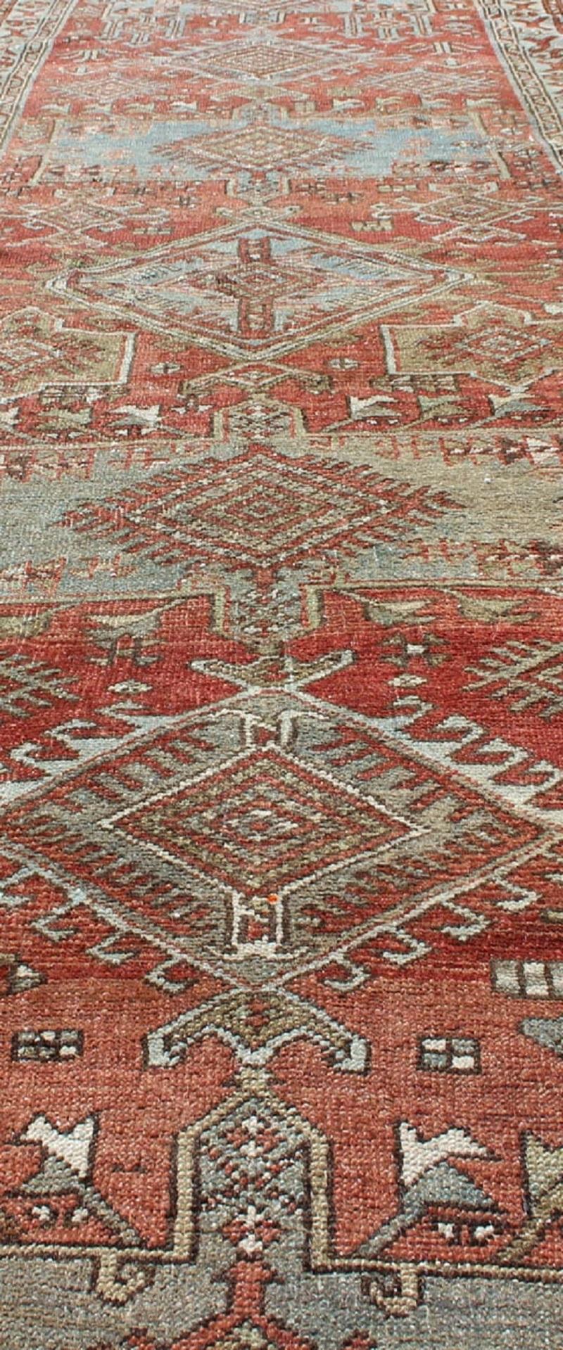 Red and Light Blue-Gray Toned Antique Persian Heriz Gallery Rug with Medallions For Sale 3