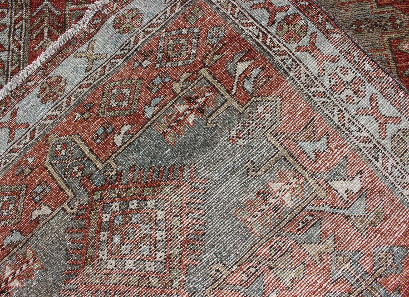 Red and Light Blue-Gray Toned Antique Persian Heriz Gallery Rug with Medallions For Sale 4