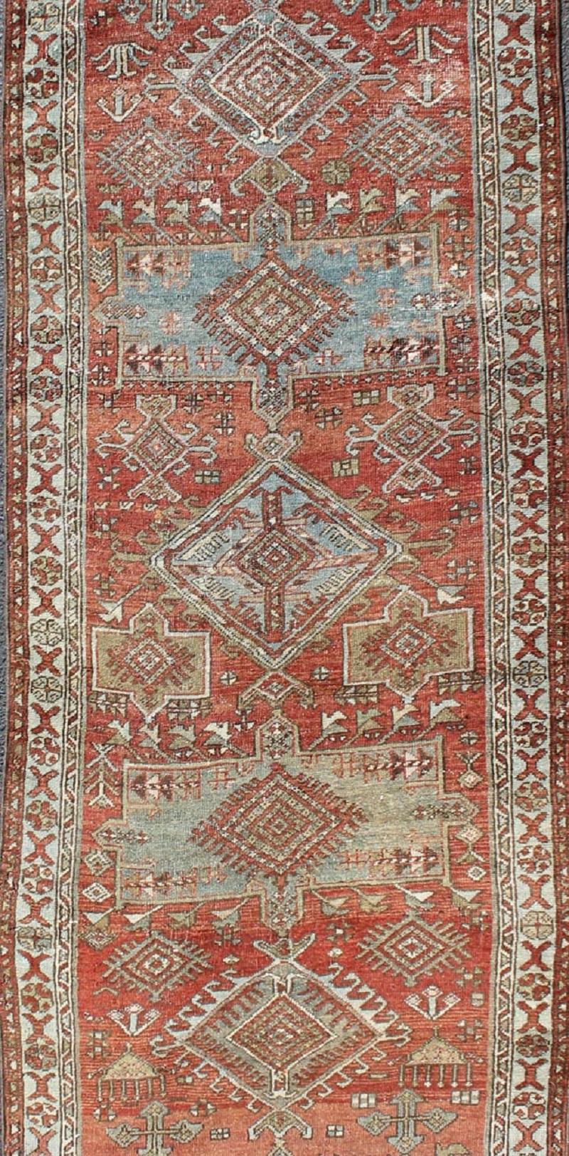 Heriz Serapi Red and Light Blue-Gray Toned Antique Persian Heriz Gallery Rug with Medallions For Sale