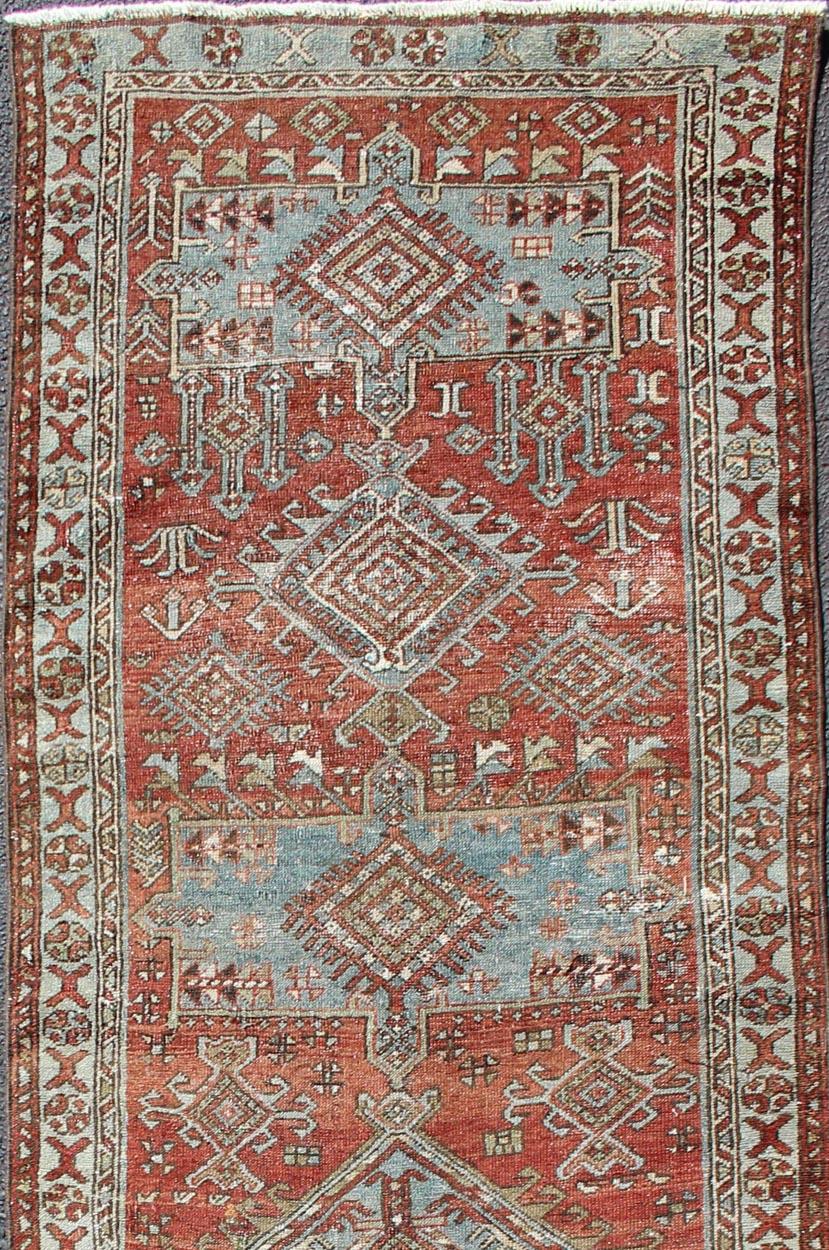Hand-Knotted Red and Light Blue-Gray Toned Antique Persian Heriz Gallery Rug with Medallions For Sale