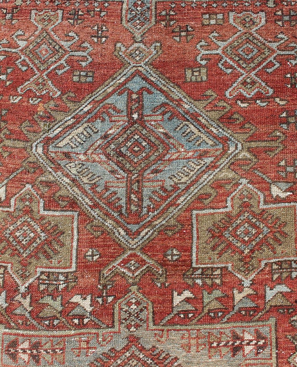 Wool Red and Light Blue-Gray Toned Antique Persian Heriz Gallery Rug with Medallions For Sale