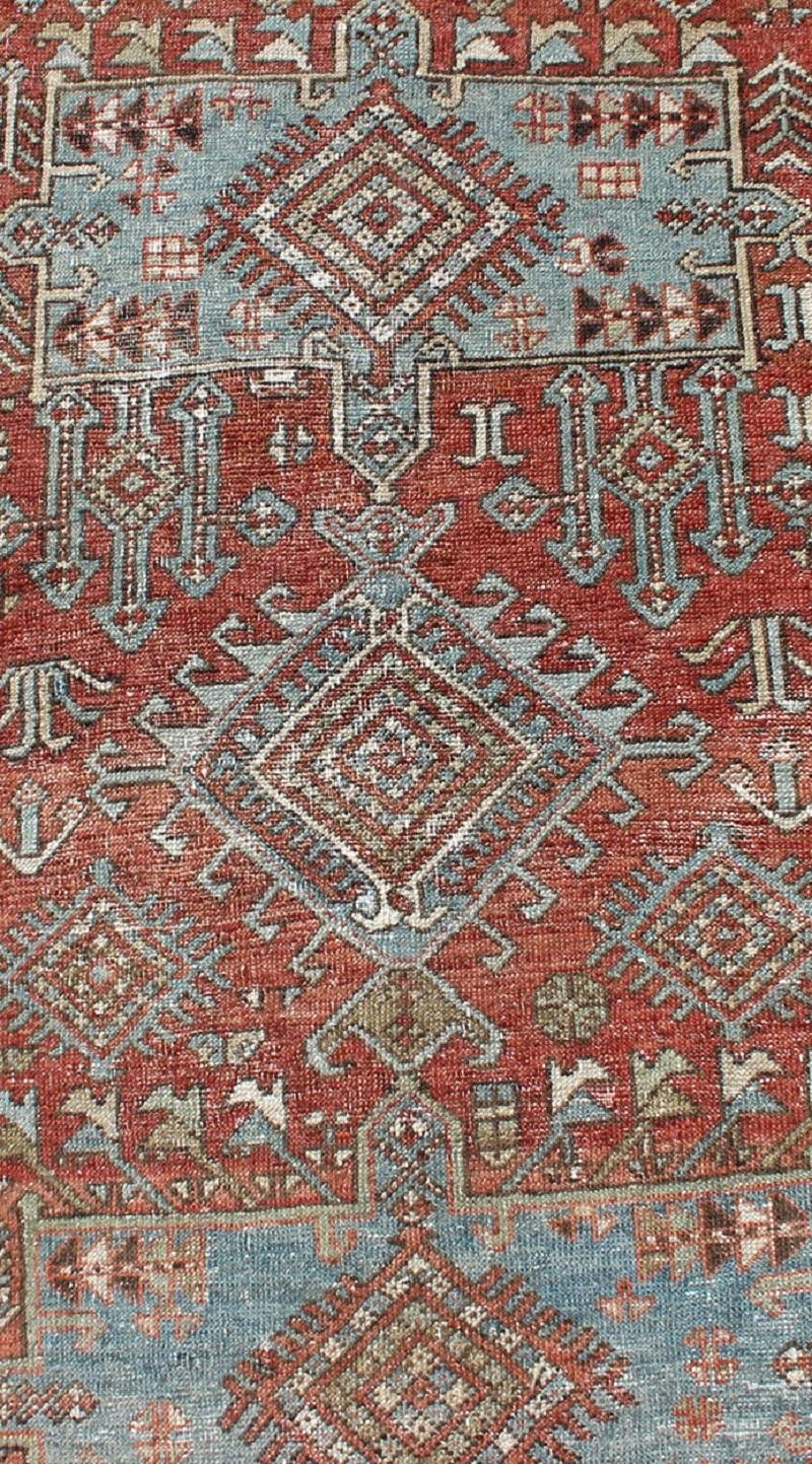 Red and Light Blue-Gray Toned Antique Persian Heriz Gallery Rug with Medallions For Sale 1