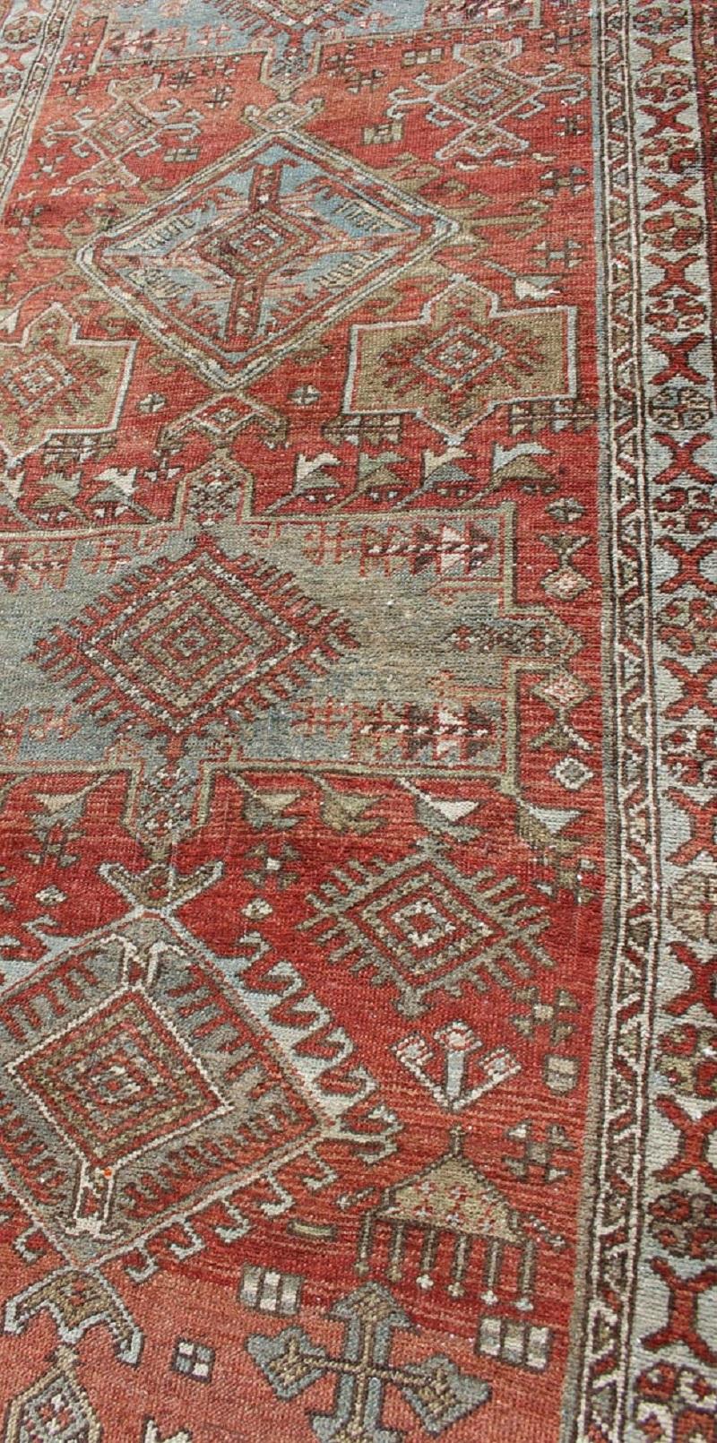 Red and Light Blue-Gray Toned Antique Persian Heriz Gallery Rug with Medallions For Sale 2