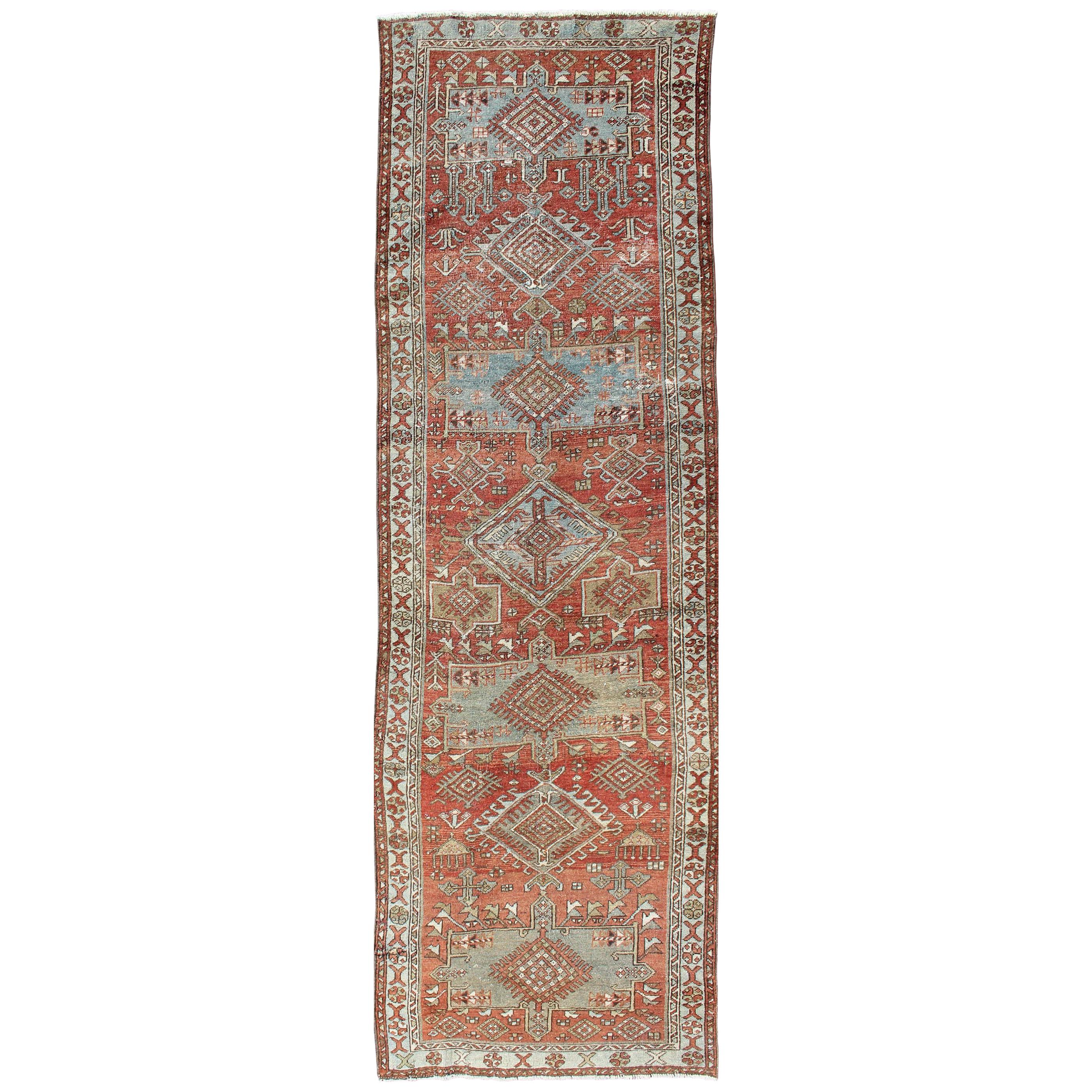 Red and Light Blue-Gray Toned Antique Persian Heriz Gallery Rug with Medallions For Sale