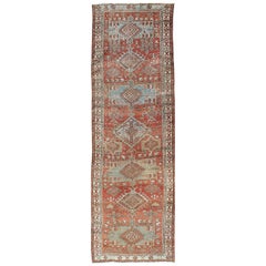 Tappeto antico persiano Heriz Gallery con medaglioni di colore rosso e azzurro-grigio