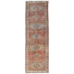 Red and Light Blue-Gray Toned Antique Persian Heriz Gallery Rug with Medallions