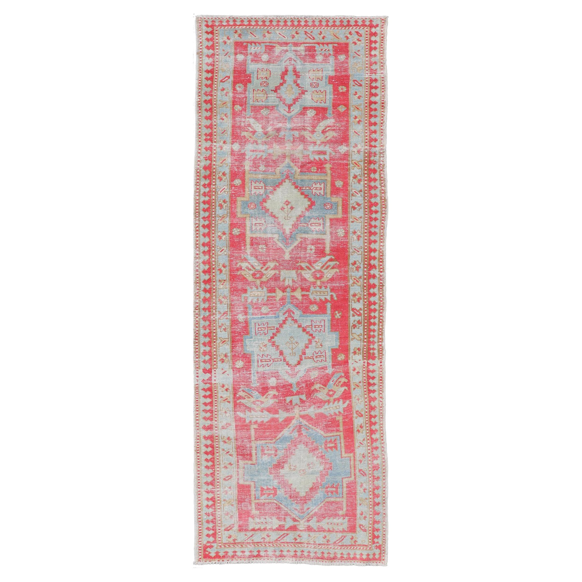 Red and Light Blue Toned Antique Persian Heriz Runner with Tribal Medallions