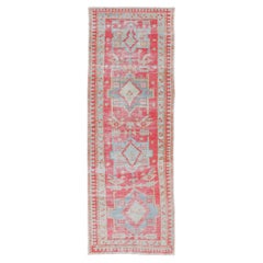 Red and Light Blue Toned Antique Persian Heriz Runner with Tribal Medallions