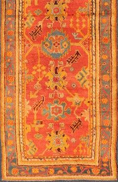 Red and Light Blue Wide Antique Turkish Oushak Gallery Runner