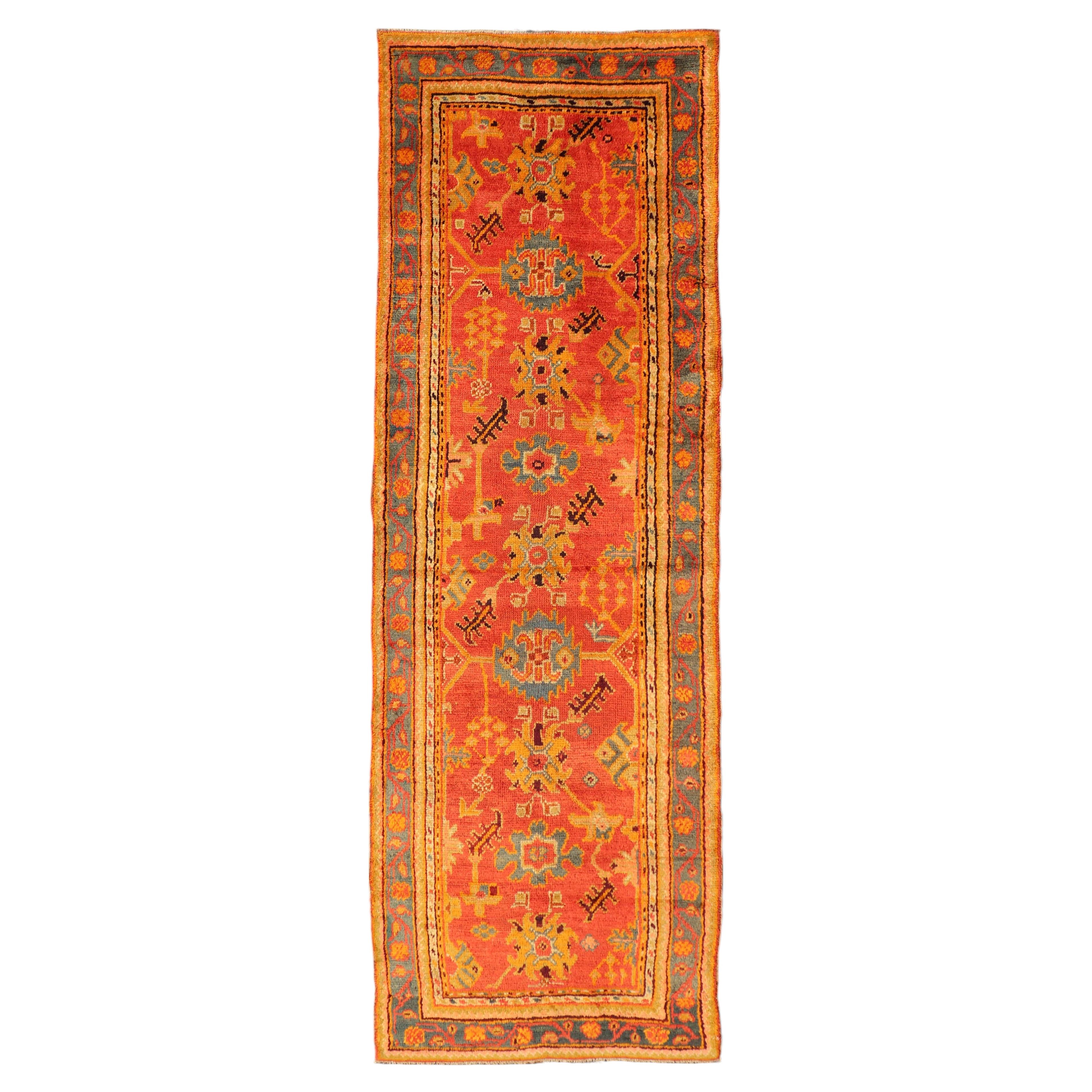 Red and Light Blue Wide Antique Turkish Oushak Gallery Runner