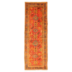 Red and Light Blue Wide Antique Turkish Oushak Gallery Runner