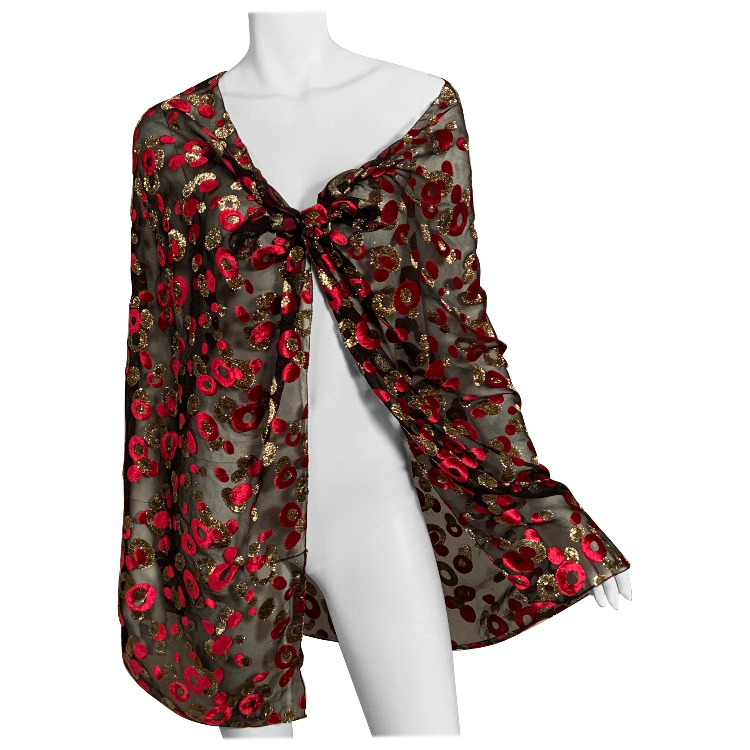 Red and Metallic Gold Voided Velvet on Sheer Black Silk Chiffon Shawl For Sale