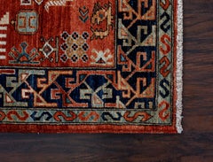 Red and Navy Blue Handmade Wool Distressed Anatolian Turkish Oushak Rug