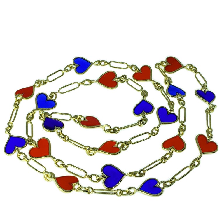Red and Navy Blue Heart Shaped Hand Enameled Yellow Gold Long Chain Necklace For Sale at 1stdibs