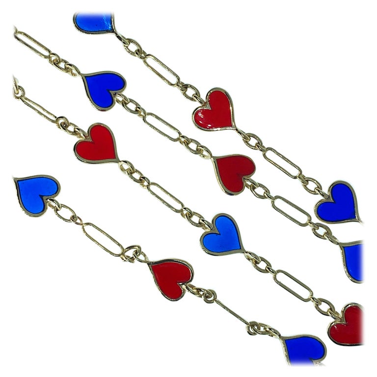 Red and Navy Blue Heart Shaped Hand Enameled Yellow Gold Long Chain Necklace For Sale at 1stdibs