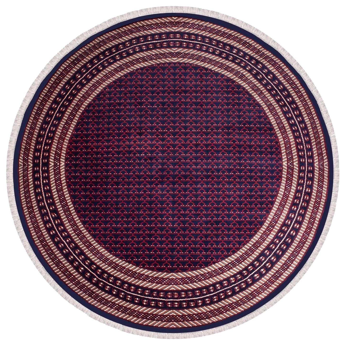 Red and Navy Blue Kashmir Tribal Rug with Cream Accents, Round from India