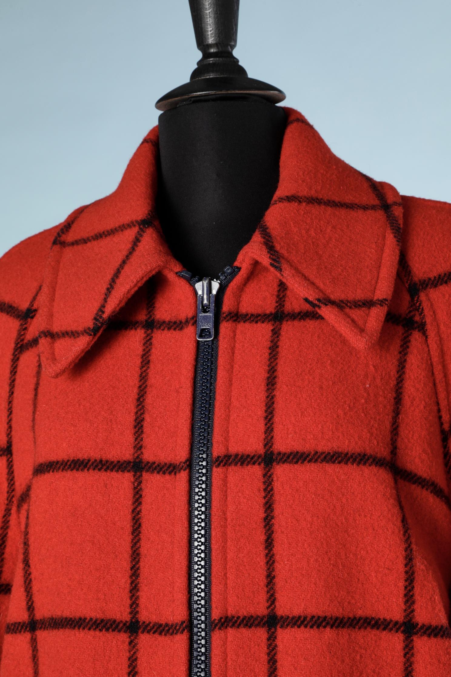 Red and navy check plaid coat. Zip in the front and on both side ( length= 22 cm)