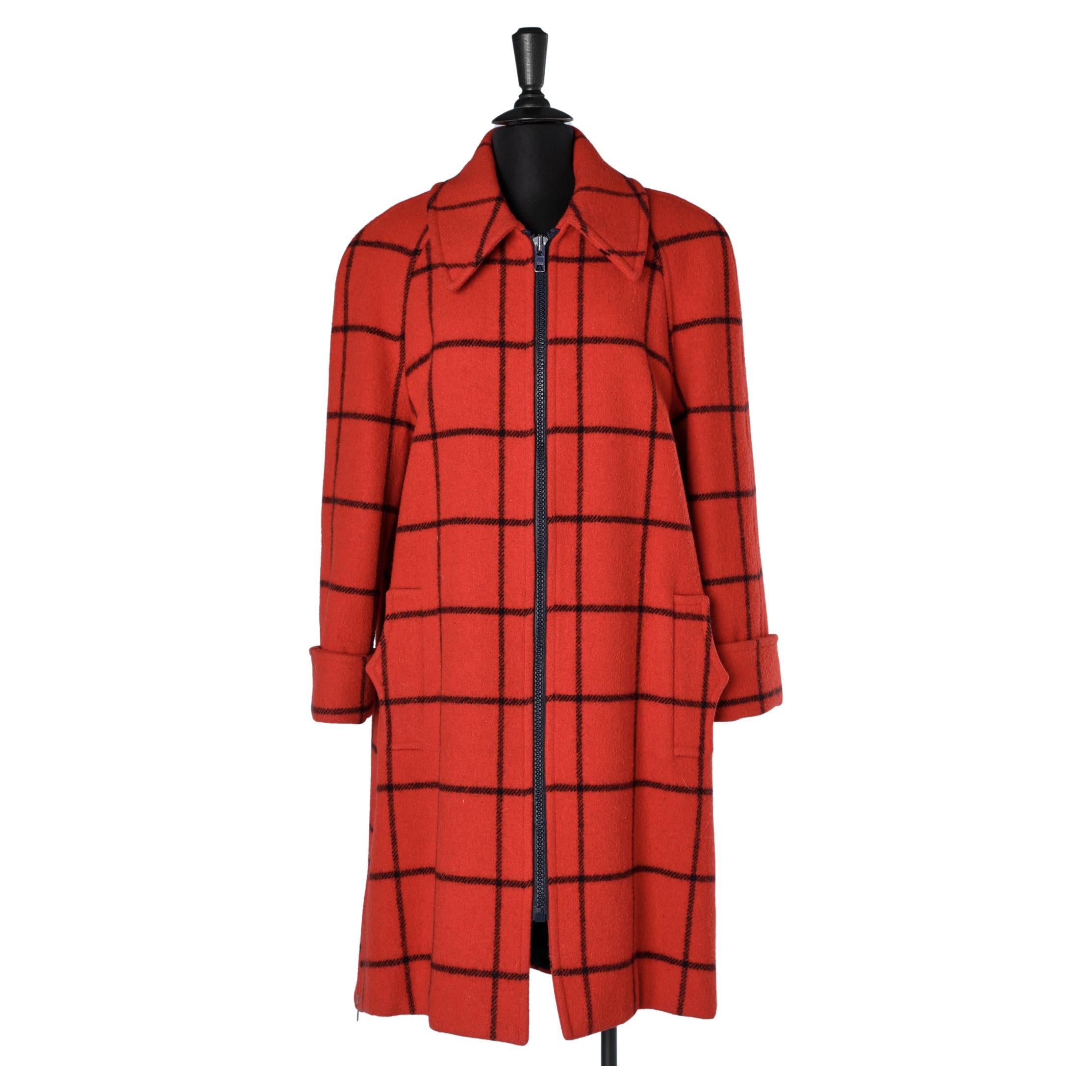 Red and navy check plaid coat Bill Blass Signature  For Sale