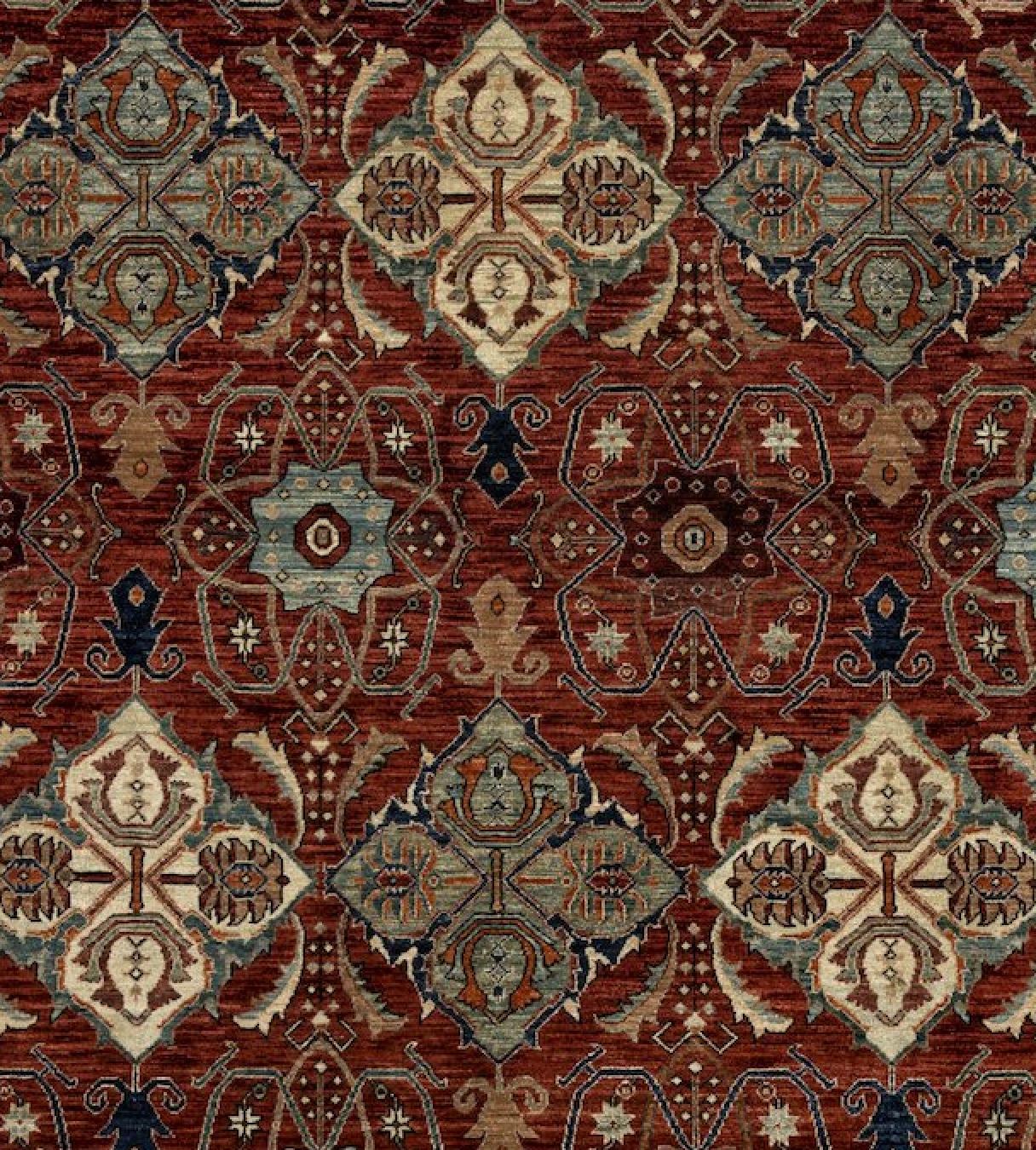 Hand-Knotted Red and Navy Handmade Wool Turkish Oushak Ru For Sale