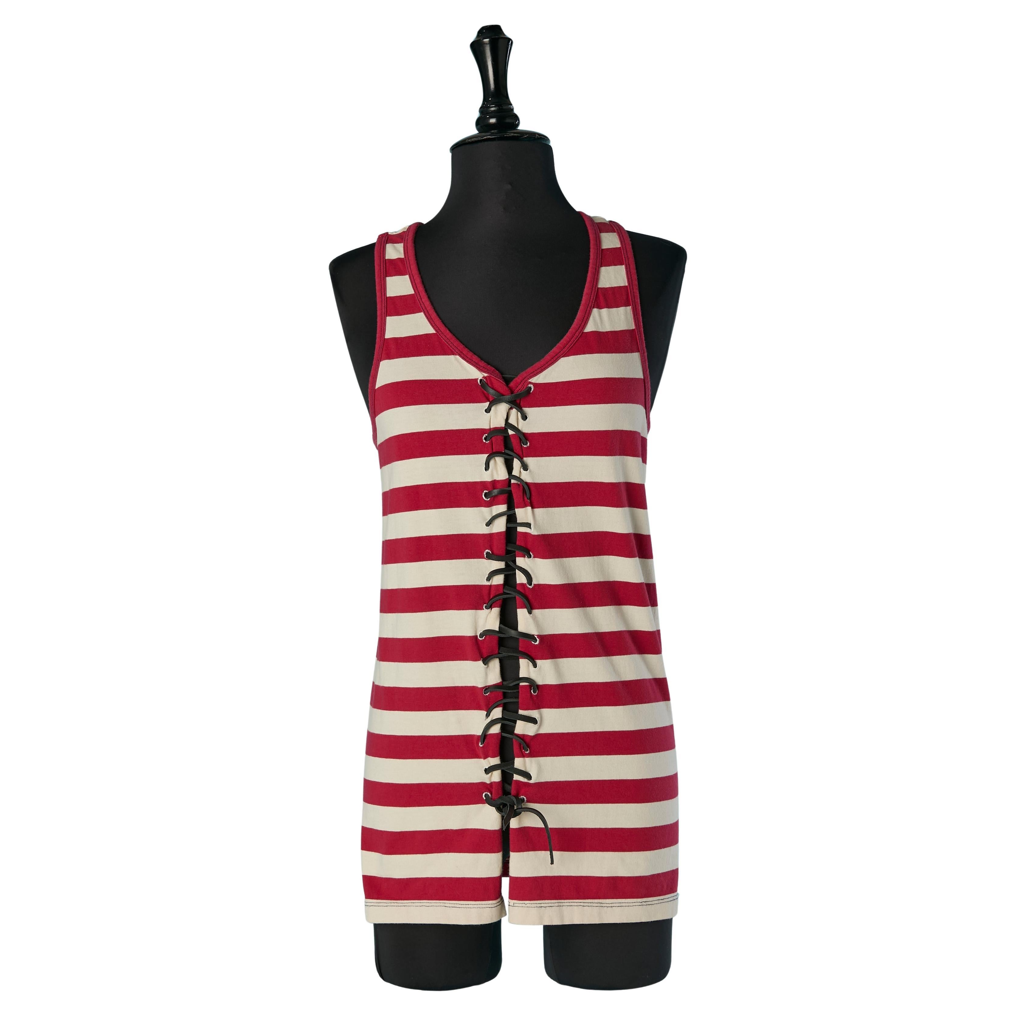 Red and off-white striped tank top with leather laces GAULTIER JEANS For Sale