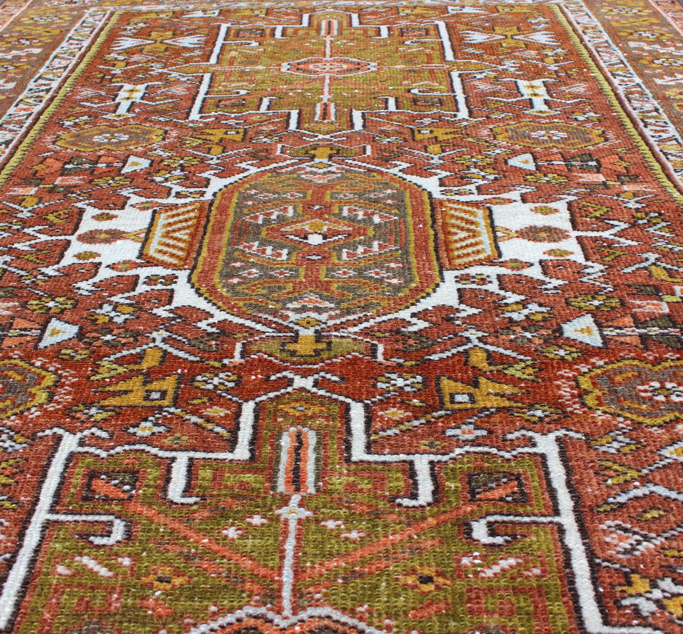 Hand-Knotted Olive Green, Yellow Green, Rust Red Antique Persian Karadjeh Rug  For Sale