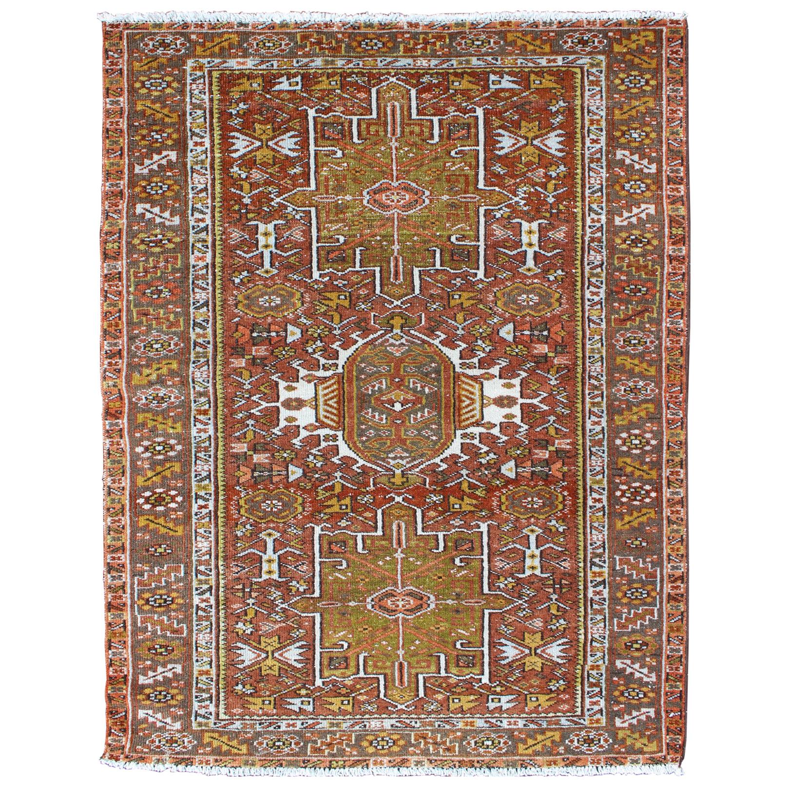 Olive Green, Yellow Green, Rust Red Antique Persian Karadjeh Rug  For Sale