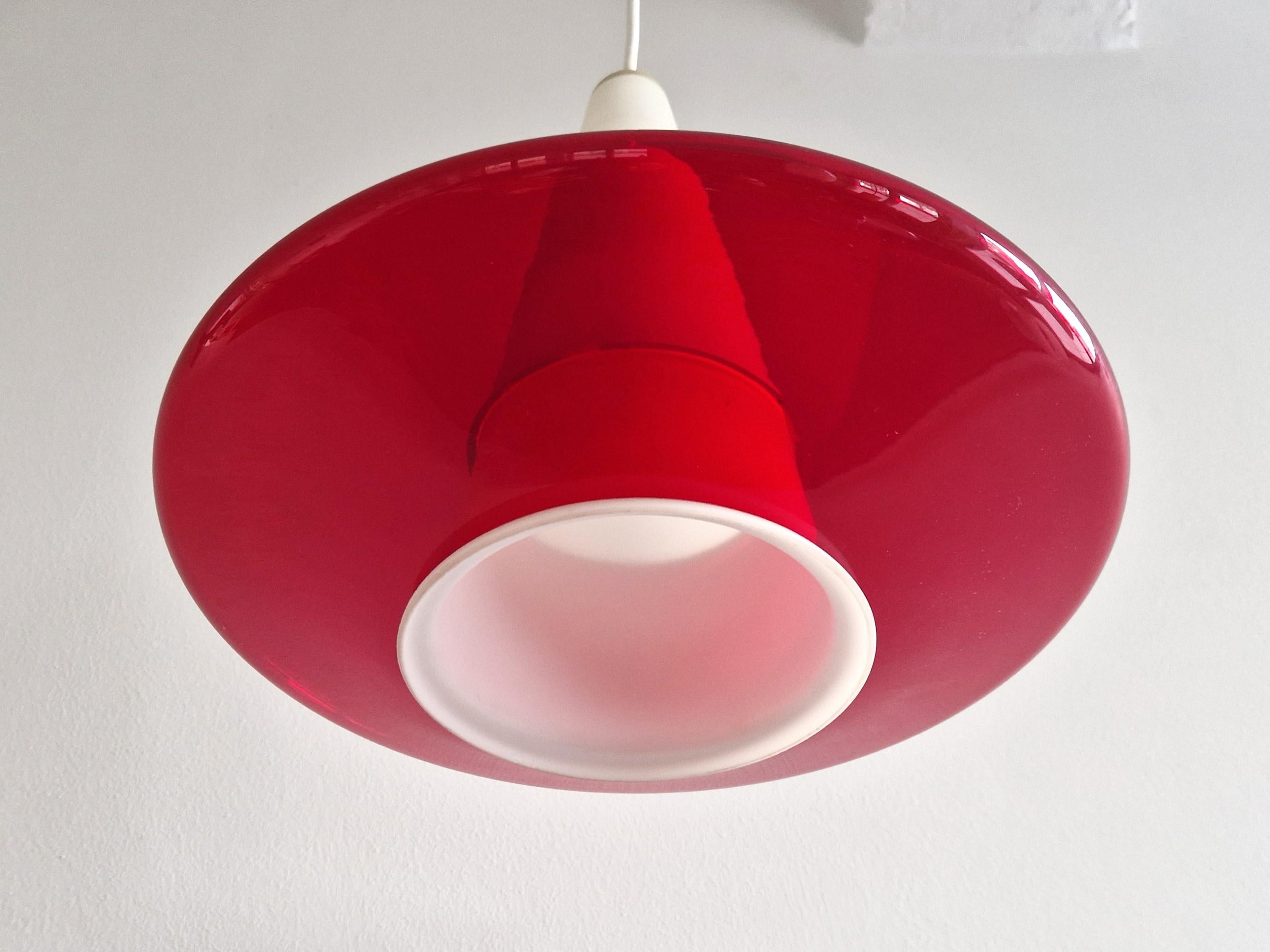 Mid-Century Modern Red and opaline glass pendant lamp, 1960's For Sale