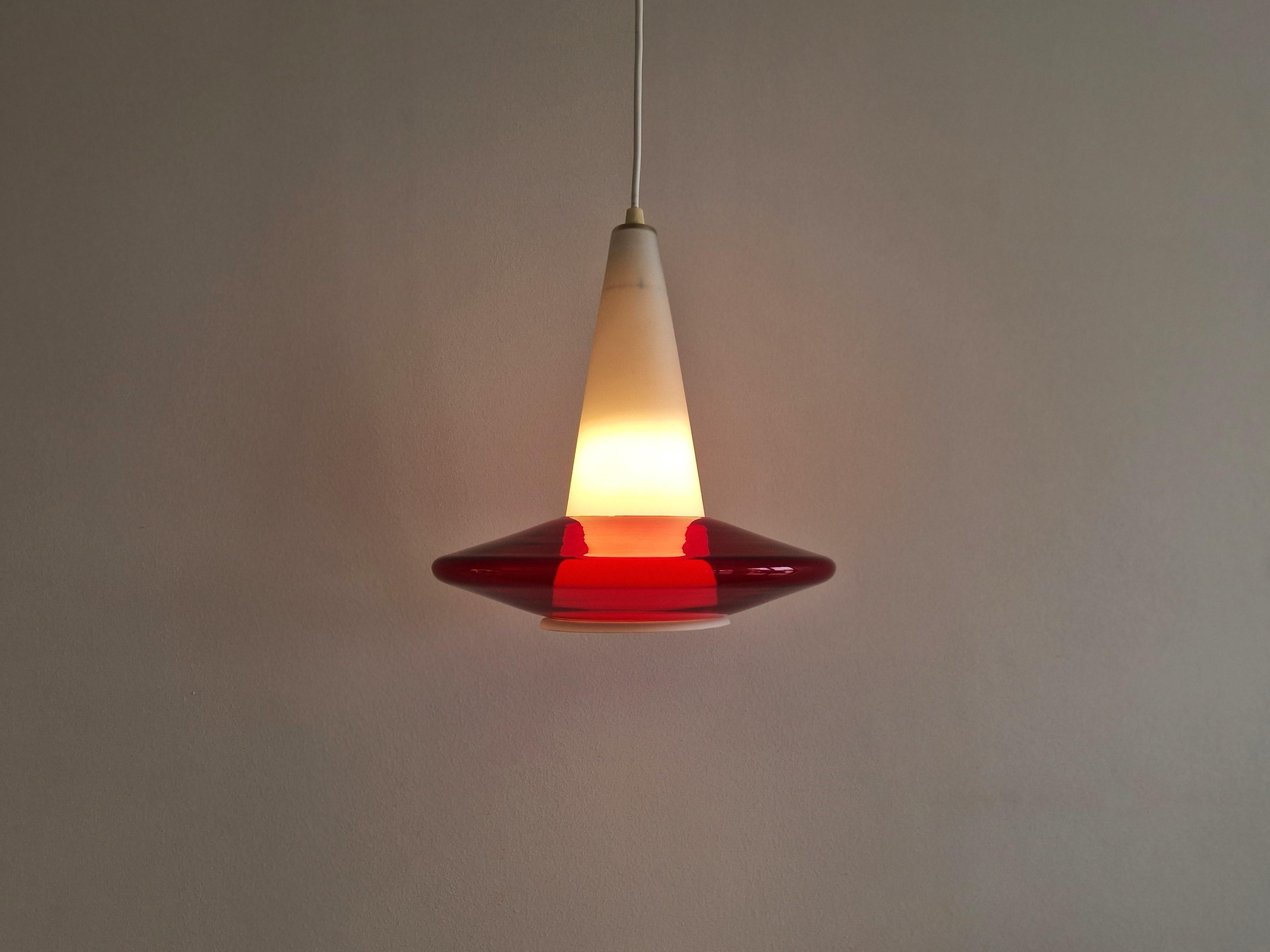 Mid-20th Century Red and opaline glass pendant lamp, 1960's For Sale
