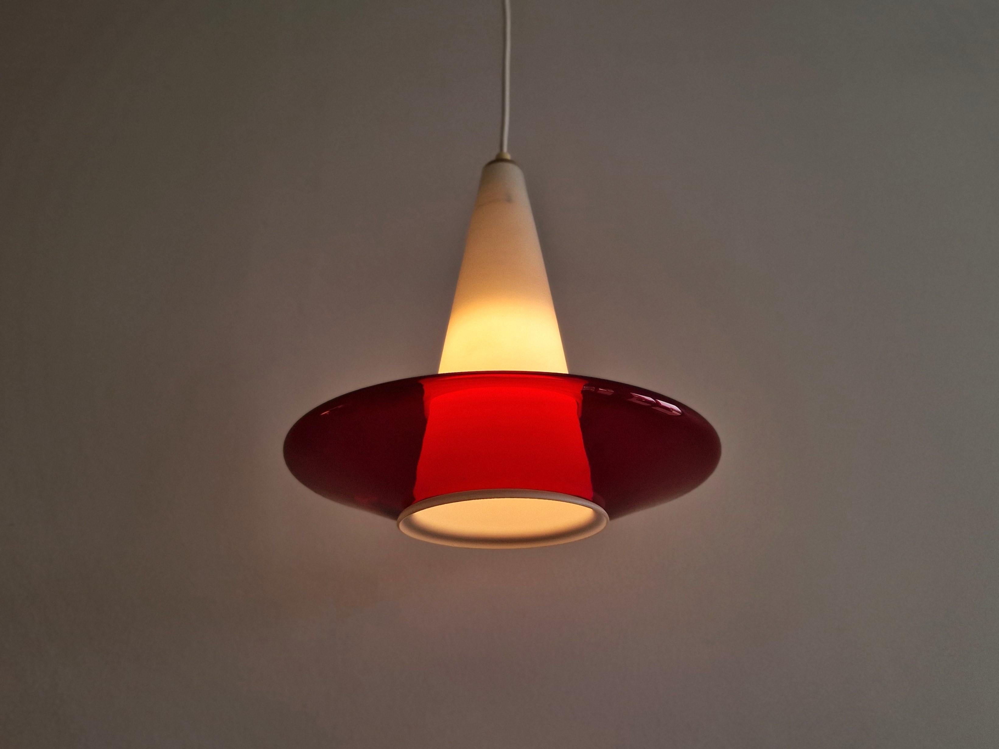 Glass Red and opaline glass pendant lamp, 1960's For Sale